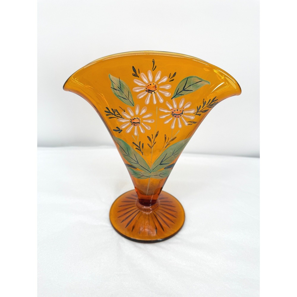 Vintage Amber Glass Fan Vase Hand Painted Daisy Floral Mid Century Whimsical